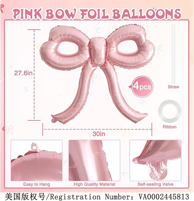 4 Pcs Pink Bow Balloons Bow Party Decorations for Girl Women Pink Bow Birthday Decorations Giant Foil Balloon for Baby Shower Bridal Engagement Wedding Decor Bachelorette Party Supplies