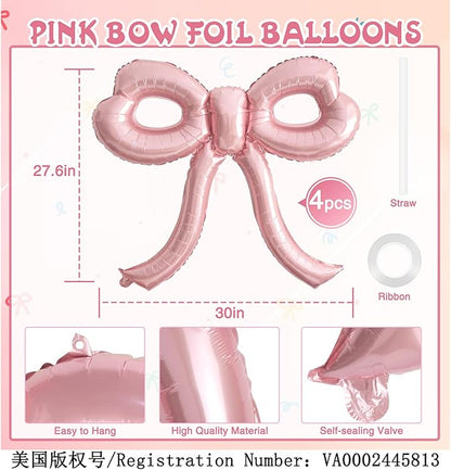 4 Pcs Pink Bow Balloons Bow Party Decorations for Girl Women Pink Bow Birthday Decorations Giant Foil Balloon for Baby Shower Bridal Engagement Wedding Decor Bachelorette Party Supplies