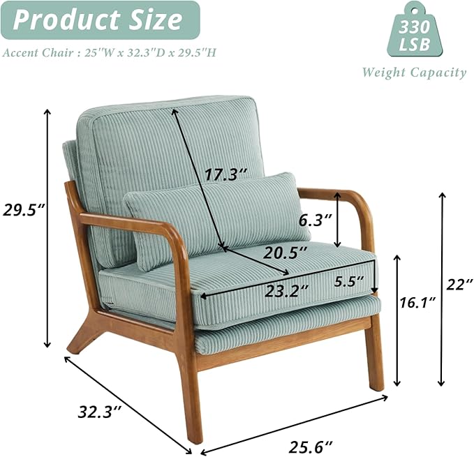 Karl home Mid-Century Modern Accent Chair, Living Room Chairs with Pillow Corduroy Upholstered Lounge Armchair with Solid Wood Frame & Soft Cushion for Bedroom, Reading Room, Teal