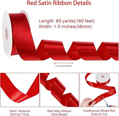 woric Red Ribbon 1 1/2 Inch 60 Yards Red Wedding Decor Satin Ribbons for Bridal Shower Wedding Bridesmaid Gifts Handmade Roses Bows Crafts Flower Bouquet Party Gift Wrapping