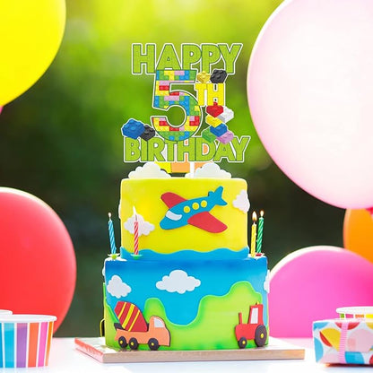 Happy 5th Birthday Building Block Cake Topper - Puzzle Games Boy's 5th Birthday Party Green Cake Topper Supplies - Building Block Party Decoration For Boy