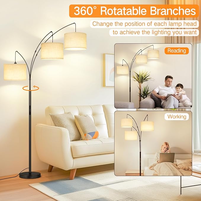 OUTON Arc LED Floor Lamp with Remote & Touch Control, Dimmable Modern Black 3 Light Arched Tall Floor Lamp, Mid Century Adjustable Standing Corner Lamps for Bedroom, Office, Living Room