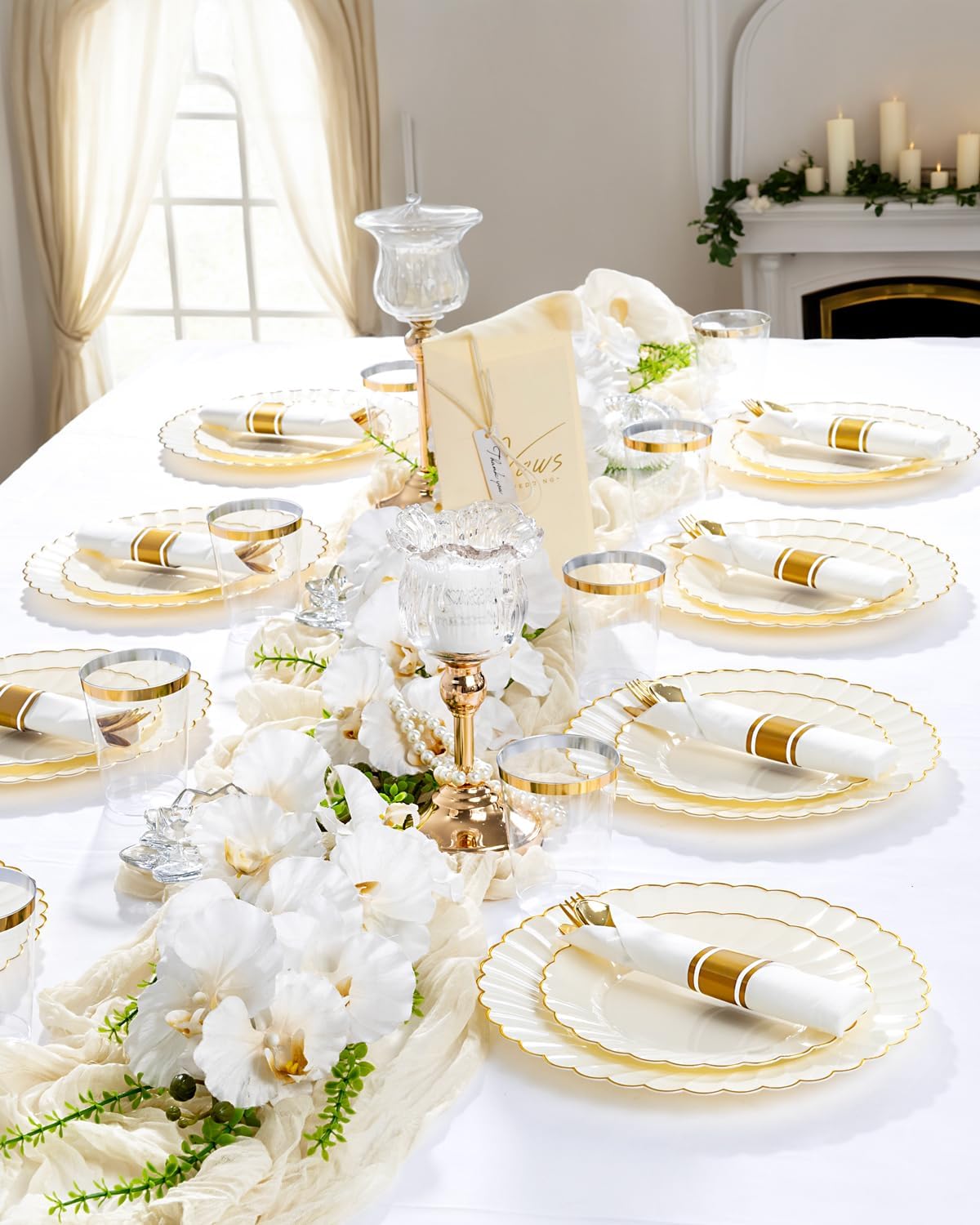 YOUBET 350PCS Ivory Scalloped Plastic Plates - Ivory and Gold Disposable Dinnerware Set Include 100 Plates, 150 Gold Silverware, 50 Cups, 50 Napkins for Wedding & Party & Thanksgiving