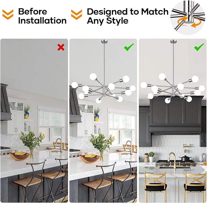 10.9"-52.3" Height Adjustable Modern Chandelier Ceiling Light Fixture, 12-Light Sputnik Chandeliers Chrome Mid Century Chandelier Over Table, Chandeliers for Dining Room Living Room Kitchen Hallway
