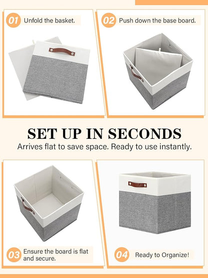 Temary 13 Inch Cube Storage Bins 4 Pack, Perfect Fit for Standard Cube Organizers, Sturdy Collapsible Storage Organizer Bins with PU Leather Handles for Closet, Nursery, and Office-White&Grey