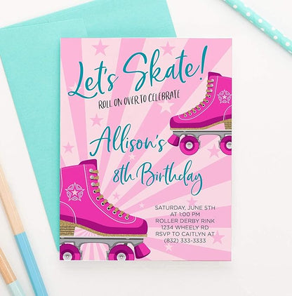 Modern Pink Paper Personalized Roller Skating Birthday Invitations for Girls, Your choice of Quantity, Age, Info and Envelope Color