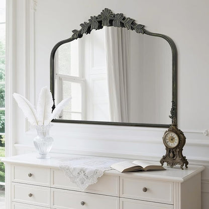 WallBeyond Black Antique Mirror for Vanity 32x24 Inch, Black Vintage Mirror with Ornate Frame, Arched Vintage Wall for Bathroom, Living Room, Fireplace