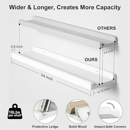 Love-KANKEI Floating Shelves Wall Mounted Set of 2, 24 Inch Wood Storage Wall Shelves for Bedroom Living Room Bathroom Kitchen Office and More White