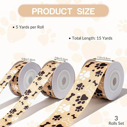 Dog Paw Print and Bone Ribbon Set 3 Rolls Animal Print Grosgrain Ribbons 5/8", 7/8", 1.5", Pet Themed Puppy Party Favor Ribbon for Dog Gift Wrapping, Crafts, Bows, Treat Bags, Pet Decorations
