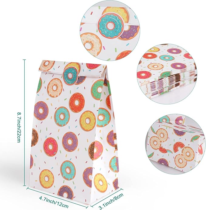 Fowecelt 24 Pack Donut Party Favor Bags Sweet Doughnut Goodie Candy Treat Bag for kids Birthday Party Baby Shower Decoration Supplies