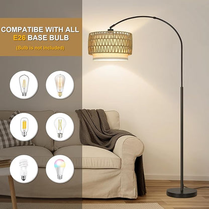 Rattan Floor Lamp, Arc Floor Lamps for Living Room, Farmhouse Standing Lamp with Adjustable Hanging Fabric Shade, Tall Pole Lamp with Foot Switch, Over Couch Arched Reading Light for Bedroom, Office