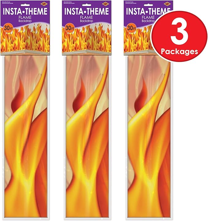 Beistle Plastic Flame Wall Backdrops, 4’ x 30’, 3 Pack – Photo Backdrop, Easy to Adhere Wall Covering, Party Decor, Burning Fire Photography Background for Birthdays, Holidays & Events