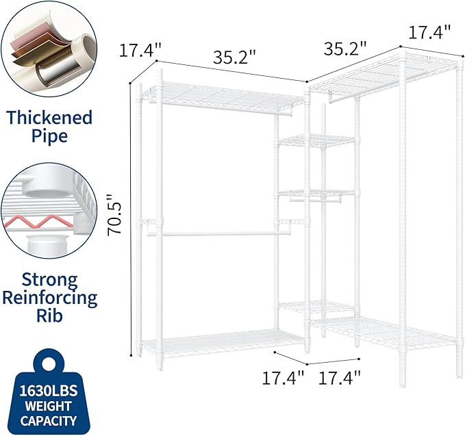 Freestanding Heavy Duty Garment Rack with Adjustable Shelves and Hanging Rods, Large 1630 Lbs Capacity Portable Closet Organizer for Bedroom or Cloakroom Storage, White