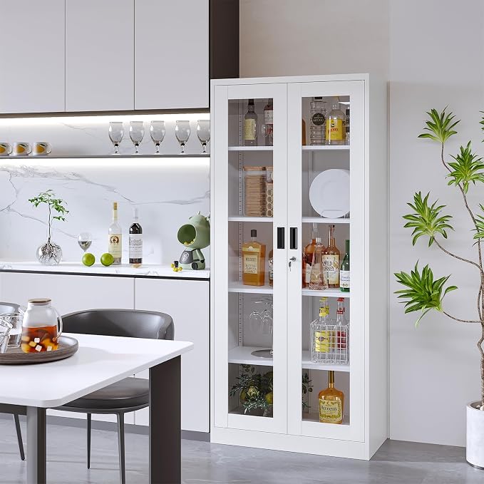 Glass Display Cabinet With Doors, 4 Adjustable Shelves