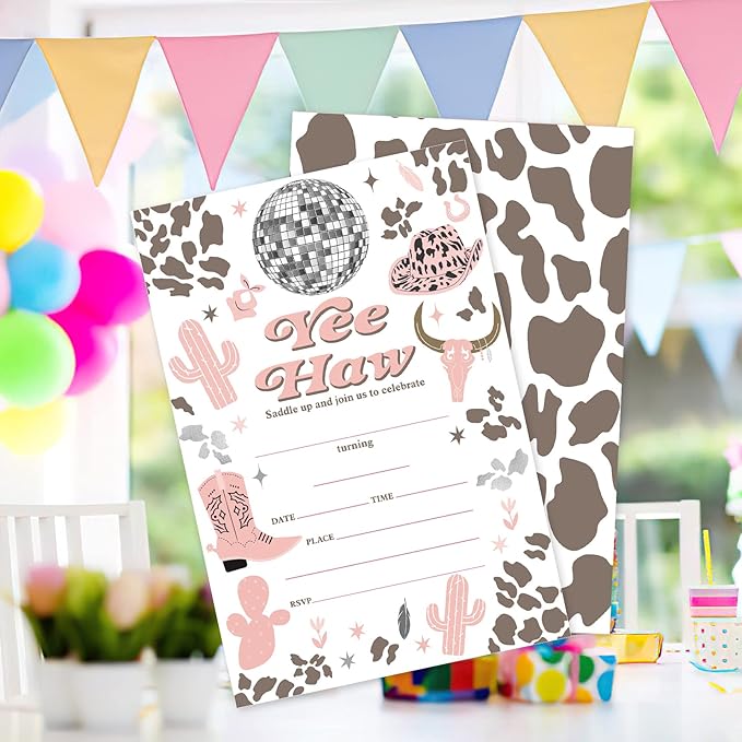 20 Sets Cowgirl Yee Haw Birthday Party Invitations With Envelopes,Western Disco Ball Double-sided Printed Birthday Party Invitation Invite Cards for Baby Girls,Saddle Up Birthday Invites