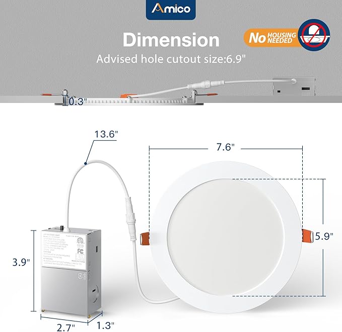 Amico 12 Pack 7 Inch 5CCT Ultra-Thin LED Recessed Can/Ceiling Light with Junction Box, 1300LM High Brightness, Dimmable Wafer Downlight, 15W, ETL&FCC