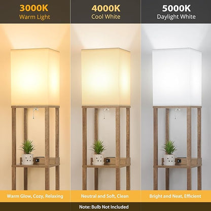 Mlambert Modern Shelf Floor Lamp with Wireless Charger & Fast Charging USB Ports & Type C Port & 2 Power Outlets,3 Tier Storage Lamp for Bedroom(Wood)