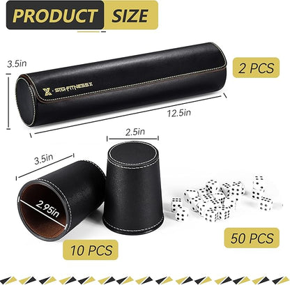 Leather Dice Cup Set, 5 Black Dice Cups + 25 Dices + Exclusive Storage and Transport Case Made of Faux Leather (Black x2)