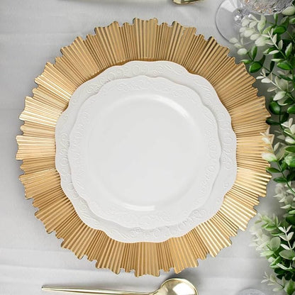 Efavormart 6 Pack | 13" Metallic Gold Sunray Acrylic Plastic Serving Plates, Round Scalloped Rim Disposable Charger Plates