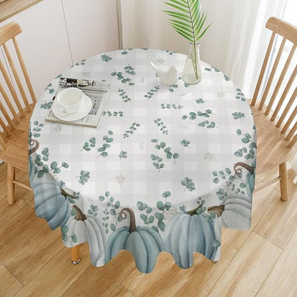 YCness Thanksgiving Pumpkin Tablecloth, Watercolor Eucalyptus Leaves Autumn Harvest Fall Watercolor Blue Gray Grid Table Cover for Party Picnic Dinner Kitchen 70x70 Inch Round