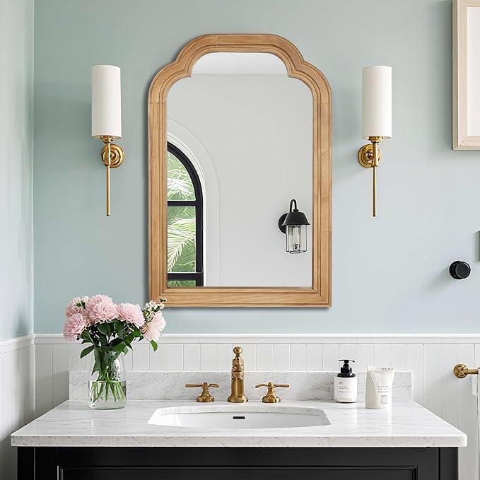 Wood Bathroom Mirror for Wall, 24 x 16 Inch Decorative Wall Mirror with Rustic Wooden Frame for Living Room, Vanity, Bedroom, Entryway, Farmhouse