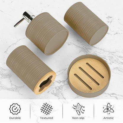 4 PCS Beige Bathroom Accessories Set, Includes a Soap Dispenser, Toothbrush Holder, Soap Dish and Mouthwash Cup, Plastics & Bamboo Bathroom Set, Bohemian Style Bathroom Sink Set