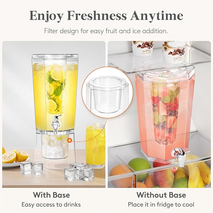Lifewit 1 Gallon Drink Dispenser for Parties 2 Pcs, Plastic Beverage Container for Juice/Tea/Soda with Stand & Ice Core, Clear Lemonade Dispenser with Spigot, BPA Free Water Pitcher 39 x 16 cm/15x6"
