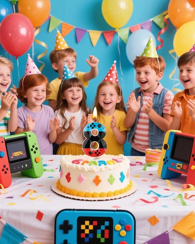 Number 8 Level Birthday Candles, 2.68 inch Gamer Candles, Red Blue Birthday Candles, Game Controller Gamepad Candles,Video Game Controller Themed Kids Boy Girl Party Supplies