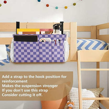 Purple Checkerboard Print Bedside Caddy Storage Bag Bedside Organizer for Bunk Bed Headboards College Organizer Caddy Hanging Shelf 6 Pockets with Hooks for Drinks Magazine Phone Holder