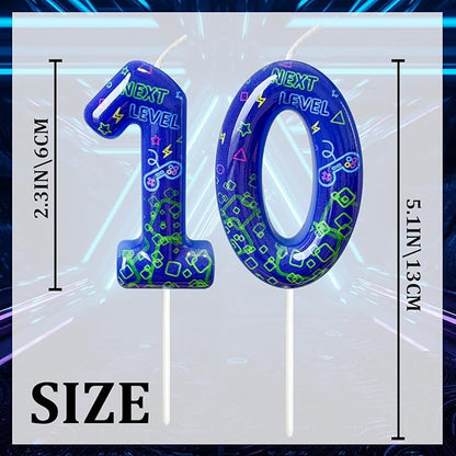 Number 10 Birthday Candle for Cake – Blue Gaming Theme Number Candle with “Next Level” Design, Video Game Style Cake Topper for Anniversary & Celebration