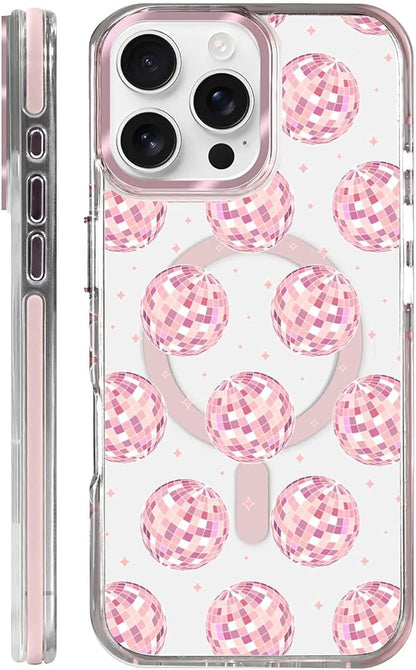 Case for iPhone 16 Pro Max,[Compatible with MagSafe],Disco Balls Pink Phone Case Design，for Women Girls Magnetic Clear Cover - Slim, Sleek, & Shockproof Protection