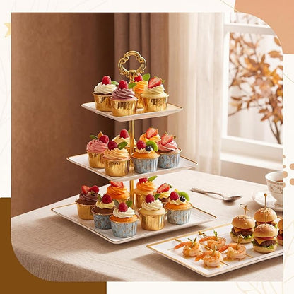 Willinglong 10 Pack Cake Stand Set Cake Stand with Gold Rim, 4 Three-tier Cupcake Stands, 4 Serving Trays, and 2 Tongs for Dessert Table Display, Elegant Plastic Pastry Tower for Weddings Showers
