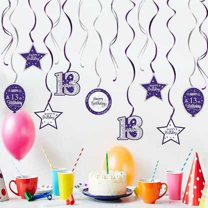 Happy 13th Birthday Purple & Silver Glitter Swirls Streamers Party Decorations - 15 Pcs 13th Birthday Hanging Swirls Streamers Kit,Cheers to Thirteen Years Old Bday Party Sign.
