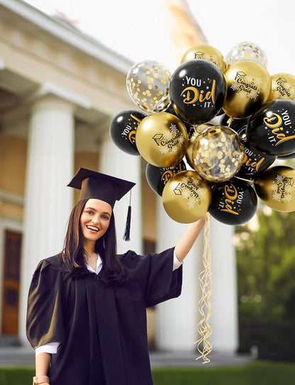 Graduation Balloons, Congrats Grad Balloons 12 Inch Black and Gold Balloon Class of 2026 Gold Confetti Latex Balloon for College High School Happy Graduation Party Decorations Supplies (18Pcs)