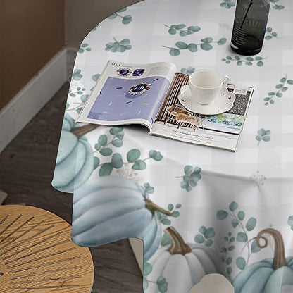 YCness Thanksgiving Pumpkin Tablecloth, Watercolor Eucalyptus Leaves Autumn Harvest Fall Watercolor Blue Gray Grid Table Cover for Party Picnic Dinner Kitchen 70x70 Inch Round
