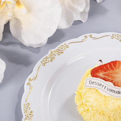 DaYammi 60PCS White and Gold Plastic Plates, Thanksgiving Plates Disposable Heavy Duty Platos Premium 7.5inch White Dessert Cake Salad Appetizer Plates Hard Plastic Platos Disposable for Party Wedding