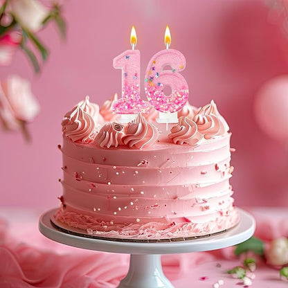 Pink Sequin Birthday Candles, Cake Number Candles, Girls 0th Birthday Decorations, Suitable for Birthday Parties, Anniversary Party Decorations(16)