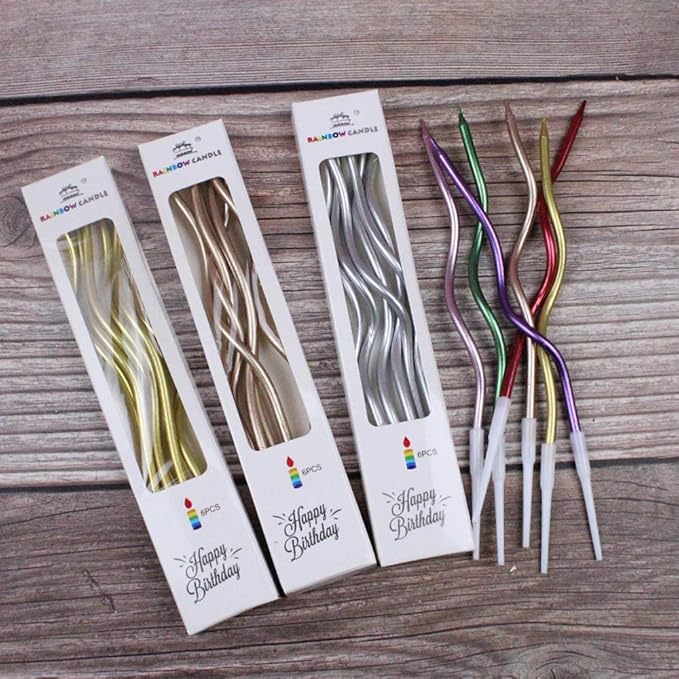 Twisty Birthday Candles Set,Metallic Colorful Curly Coil Candles,Creative Fun Long Thin Wedding Birthday Candles Set,Party Supplies,Cake Decoration,6 Pack (Silver)