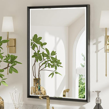 Black Framed Mirror for Bathroom, 22x30 Inch Black Rectangle Beveled Bathroom Vanity Mirror, Anti-Rust Matte Black Metal Frame Mirror for Wall, Vertical/Horizontal Wall-Mounted Mirrors