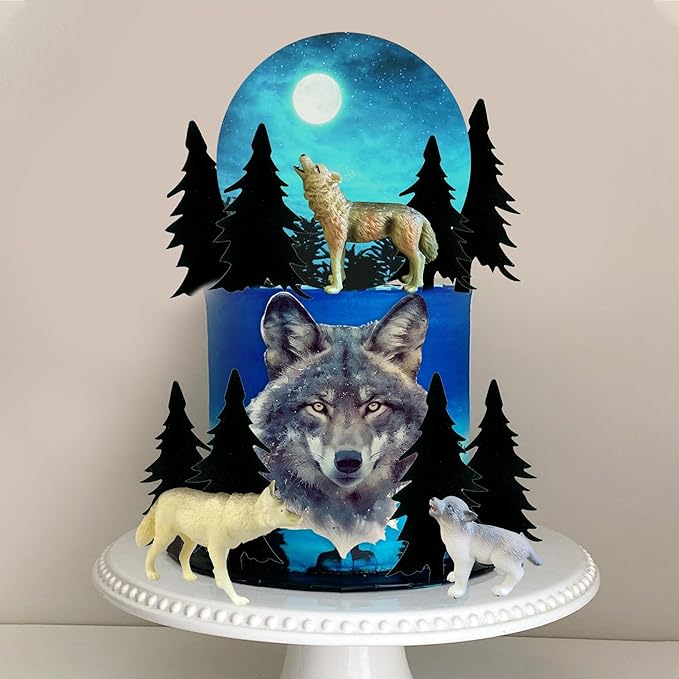 13 PCS Wolf Cake Topper Full Moon Cake Decor with Animal Figurine Wolf Themed Wedding Birthday Cake Decorations (Gray)