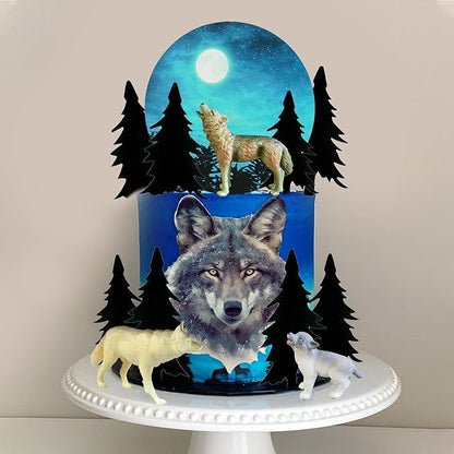 13 PCS Wolf Cake Topper Full Moon Cake Decor with Animal Figurine Wolf Themed Wedding Birthday Cake Decorations (Gray)