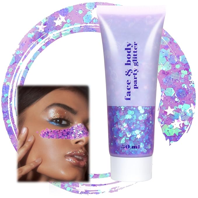 Boko 50ML Body Glitter Gel, Blue Purple Mermaid Chunky Glitter Gel for Face Hair Body Sparkle Makeup, Cosmetic Face Glitter Sequins for Christmas Festival Concert Party Event Rave Accessories