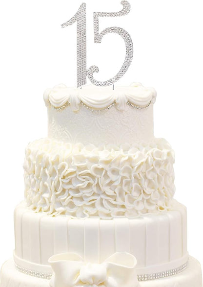 Bling Crystal Rhinestone 15 Birthday Cake Topper - Best Keepsake | 15th Party Decorations Silver