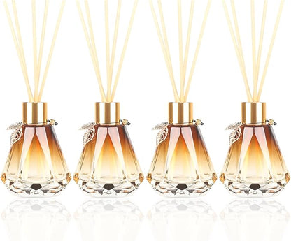 Reed Diffuser Set - 4 Empty Bottles with 20 Sticks, Delicate Gold Leaf Decor, Glass Fragrance Diffuser with Lids for Home, Bathroom | Refillable, Diamond Style (4 PCS Gold)