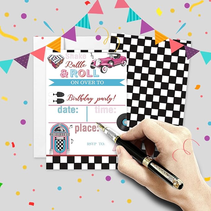 20 Sets 50's Sock Hop Birthday Party Invitations With Envelopes,Retro 1950's Jukebox Checkered Double-sided Printed Birthday Party Invitation Invite Cards for Teen Girls Boys,50's Birthday Invites