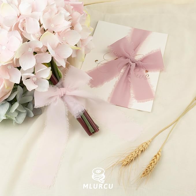 Pink Chiffon Ribbon 1.5 Inch x 21Yds Handmade Fringe Chiffon Silk Ribbon Dusty Rose/Blush/Pink Frayed Chiffon Ribbon for Wedding Invitation Flower Bouquets Gift Wrapping Bridal Shower Baby Shower