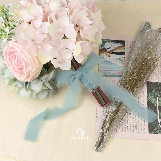 Haze Blue Chiffon Ribbon - 1 Inch x 21 Yards, Handmade Fringe, Silk, Boho Frayed, Gift Wrapping, Wedding Invitation, Bridal Flower Bouquets