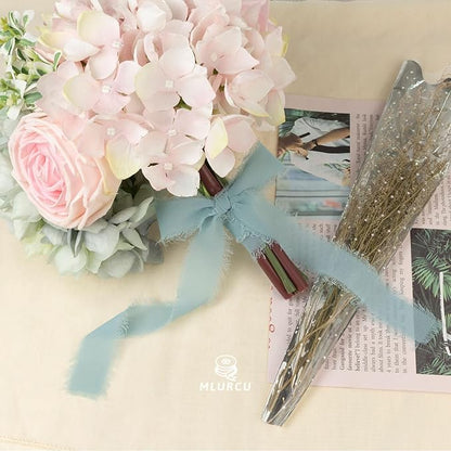 Haze Blue Chiffon Ribbon - 1 Inch x 21 Yards, Handmade Fringe, Silk, Boho Frayed, Gift Wrapping, Wedding Invitation, Bridal Flower Bouquets