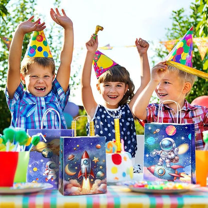 24 Pcs Astronaut Party Favor Bags with Handles - Space Galaxy Themed Solar Eclipse Goodie Gift Candy Kraft Paper Bags for Kids Birthday Party Supplies Decorations