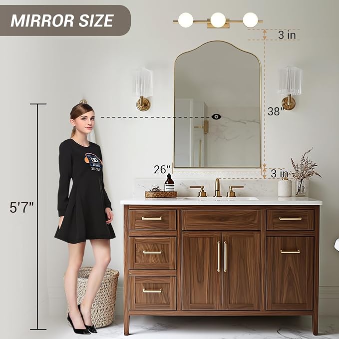 ANDY STAR Brass Scalloped Arched Wall Mirror, 26x38 Brushed Gold Irregular Bathroom Mirror with Curved Design for Vanity, Powder Room, Fireplace, Mantel, with Stainless Steel Metal Frame